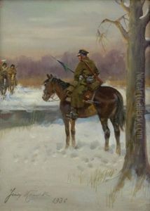 Soldaten Zu Pferde In Verschneiter Fluslandschaft by Jerzy Kossak