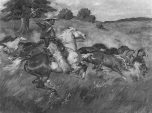 Cowboy Fangt Wildpferde by Jerzy Kossak
