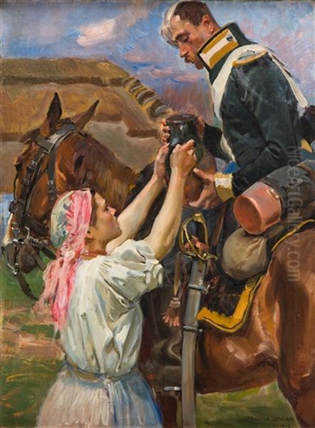 Girl Serving Jug To Soldier - view 1