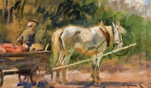 A Harnessed Roan Horse by Woiciech Ritter Von Kossak
