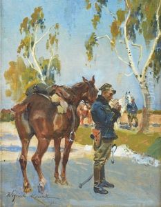 Soldier With His Horse by Woiciech Ritter Von Kossak