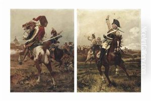 A Zieten Hussar In The Heart Of Battle; And A Cuirassier Leading The Charge (2 Works) by Woiciech Ritter Von Kossak