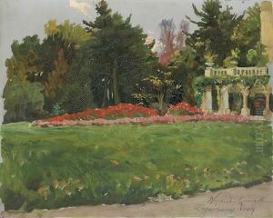 Garden In Front Of The Palace In Zagorzany by Woiciech Ritter Von Kossak