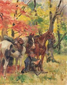 Soldat Assis Avec Deux Chevaux by Woiciech Ritter Von Kossak