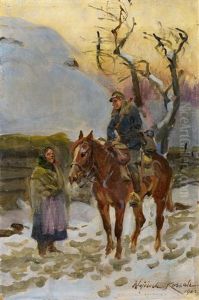 Soldat Zu Pferde Vor Bauerin by Woiciech Ritter Von Kossak