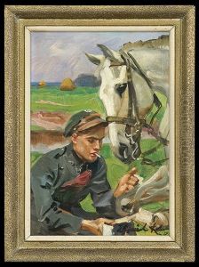 Uhlang Bandaging Horse by Woiciech Ritter Von Kossak