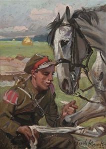 Wrapping His Horse by Woiciech Ritter Von Kossak