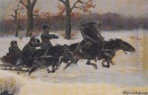 Untitled (napoleon And Officer Riding A Sleigh Through A Snowy Landscape) by Woiciech Ritter Von Kossak