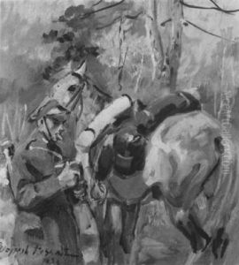 Soldier With His Horse by Woiciech Ritter Von Kossak