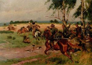 Kavallerister Jagande Kosacker by Woiciech Ritter Von Kossak