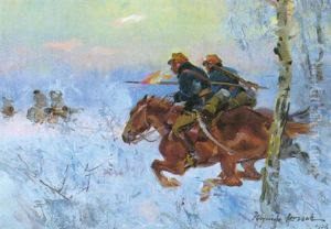 Kavalleristen Im Winterwald Bei Der Verfolgungesjagd by Woiciech Ritter Von Kossak