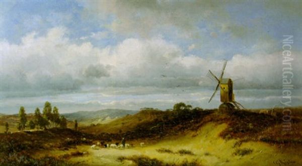 Hugelige Abendlandschaft Mit Windmuhle Und Schafherde - view 1