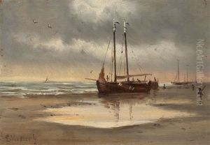 Sailing Ships Near The Coast by Everhardus Koster