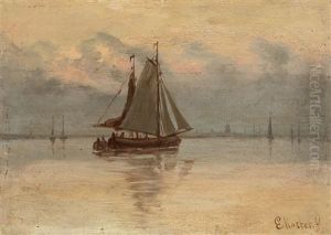 Sailing Ships With A Town In The Distance