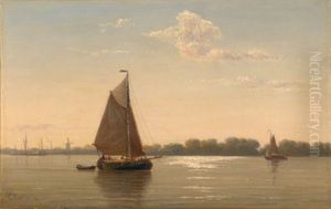Flusslandschaft Mit Segelbooten Im Abendlicht by Everhardus Koster