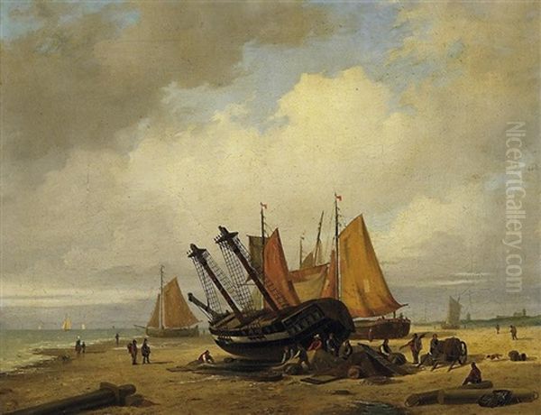Aufliegende Segelboote An Hollandischer Kuste. Vorn Zahlreiche Fischer, Ihrem Tagewerk Nachgehend - view 1