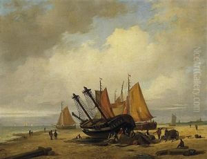Aufliegende Segelboote An Hollandischer Kuste. Vorn Zahlreiche Fischer, Ihrem Tagewerk Nachgehend by Everhardus Koster