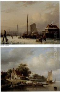 A Winter Landscape With Skaters On A Frozen Waterway (+ A Summer Landscape With Boats On A River; Pair) by Everhardus Koster