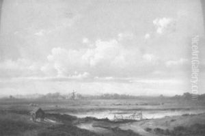 Weite Wiesenlandschaft Mit Einem Dorf Und Bockwindmuhle Im Hintergrund by Everhardus Koster