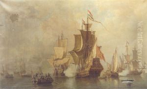 An Amsterdam Man-of-war Firing A Salute Across The Bows Of A Ferry Bringing Dignatories
