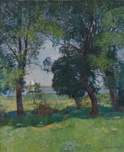 Prachtvolle Flusslandschaft Im Sonnigen Licht Mit Altem Baumbestand Und Vorbeiziehendem Boot by Heinrich Koester