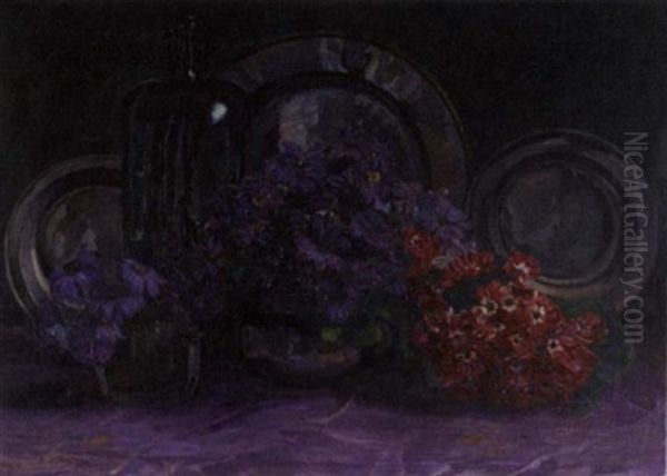 A Still Life With Anemones, A Bottle And Pewter Plates - view 1