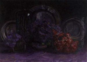A Still Life With Anemones, A Bottle And Pewter Plates by Jo (van Hattem) Koster
