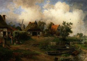 Niederrheinische Dorflandschaft Mit Reetgedeckten Katen, Windmuhle Und Kleinem Bachlauf Mit Angelegten Booten