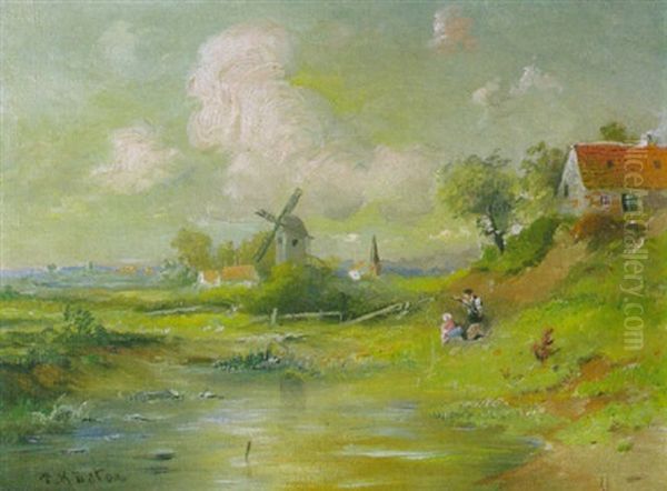 Landschaft Mti Angler Und Windmuhle Im Fruhling - view 1