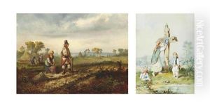 The Potato Pickers And Family At A Shrine, Watercolor (2 Works)