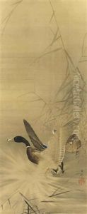 Two Ducks Amongst Reeds, One Taking Off Into Flight by Ohara Kosun