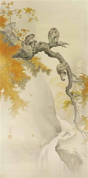 Monkeys In A Maple Tree Over A Waterfall - view 1