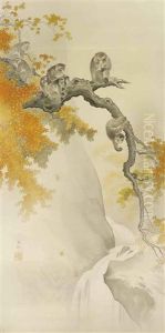Monkeys In A Maple Tree Over A Waterfall by Ohara Kosun