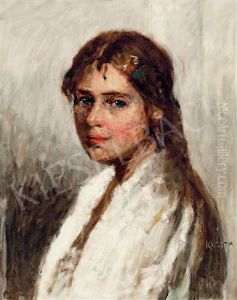 Girl With Blue Eyes With Flowers In Her Hair by Jozsef Koszta