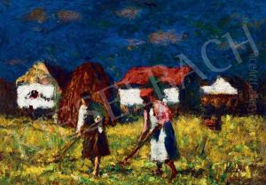 Sunlit Houses With Harvesters by Jozsef Koszta