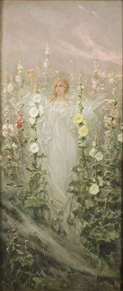 Girl With Hollyhocks - view 1
