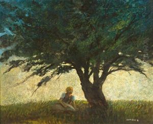 Madchen Unter Einem Baum Auf Einer Wiese Sitzend by Karoly Kotasz