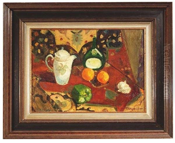 Stilleben Mit Gemuse, Obst, Kaffeekanne Und Weinflasche - view 1