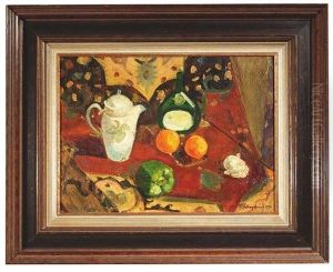 Stilleben Mit Gemuse, Obst, Kaffeekanne Und Weinflasche