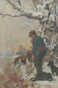 Bauer Mit Drei Jagdhunden In Winterlandschaft by Hugo Kotschenreiter