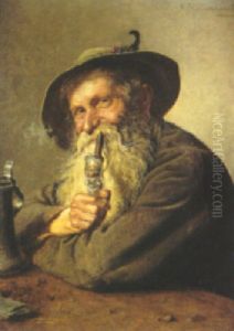 A Portrait Of A Bavarian Man Smoking A Pipe With A Stein On A Table by Hugo Kotschenreiter