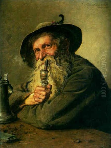 Portrait Of An Old Bavarian Man Smoking A Pipe With A Beer Stein On Table - view 1