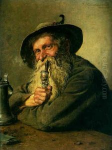 Portrait Of An Old Bavarian Man Smoking A Pipe With A Beer Stein On Table by Hugo Kotschenreiter