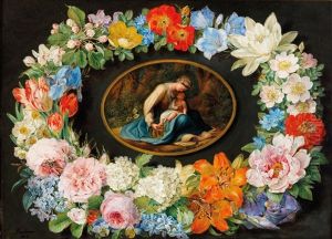 Madonna With Child, Surrounded By A Wreath Of Flowers by Pauline Von Koudelka-Schmerling