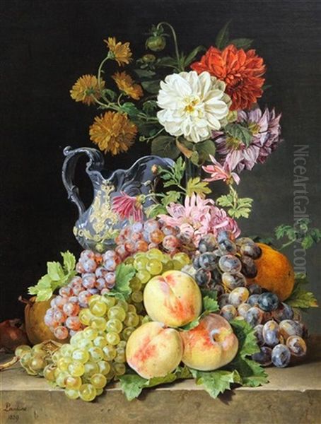 Still Lifes Of Fruit And Flowers On Stone Ledges (pair) - view 1