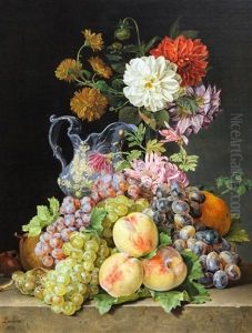 Still Lifes Of Fruit And Flowers On Stone Ledges (pair) by Pauline Von Koudelka-Schmerling