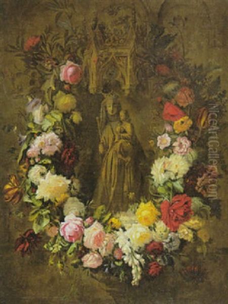 Madonna Mit Kind Unter Gotischem Baldachin Und In Einem Blutenkranz - view 1