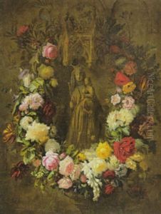 Madonna Mit Kind Unter Gotischem Baldachin Und In Einem Blutenkranz by Pauline Von Koudelka-Schmerling