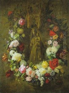 Eine Blumenguirlande Um Eine Gotische Madonnenstatue by Pauline Von Koudelka-Schmerling