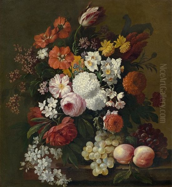 Still Life Of Flowers With Roses, Peonies, Hollyhock, Tulips, Grapes And Peaches - view 1